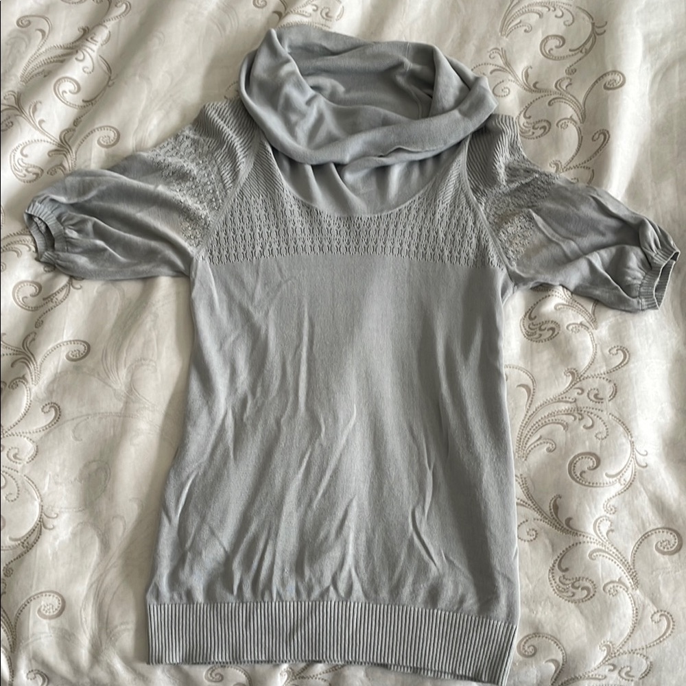 BCBGMaxAzria Gray Cowl Neck Sweater with Ribbed Knit and Puffed Sleeves